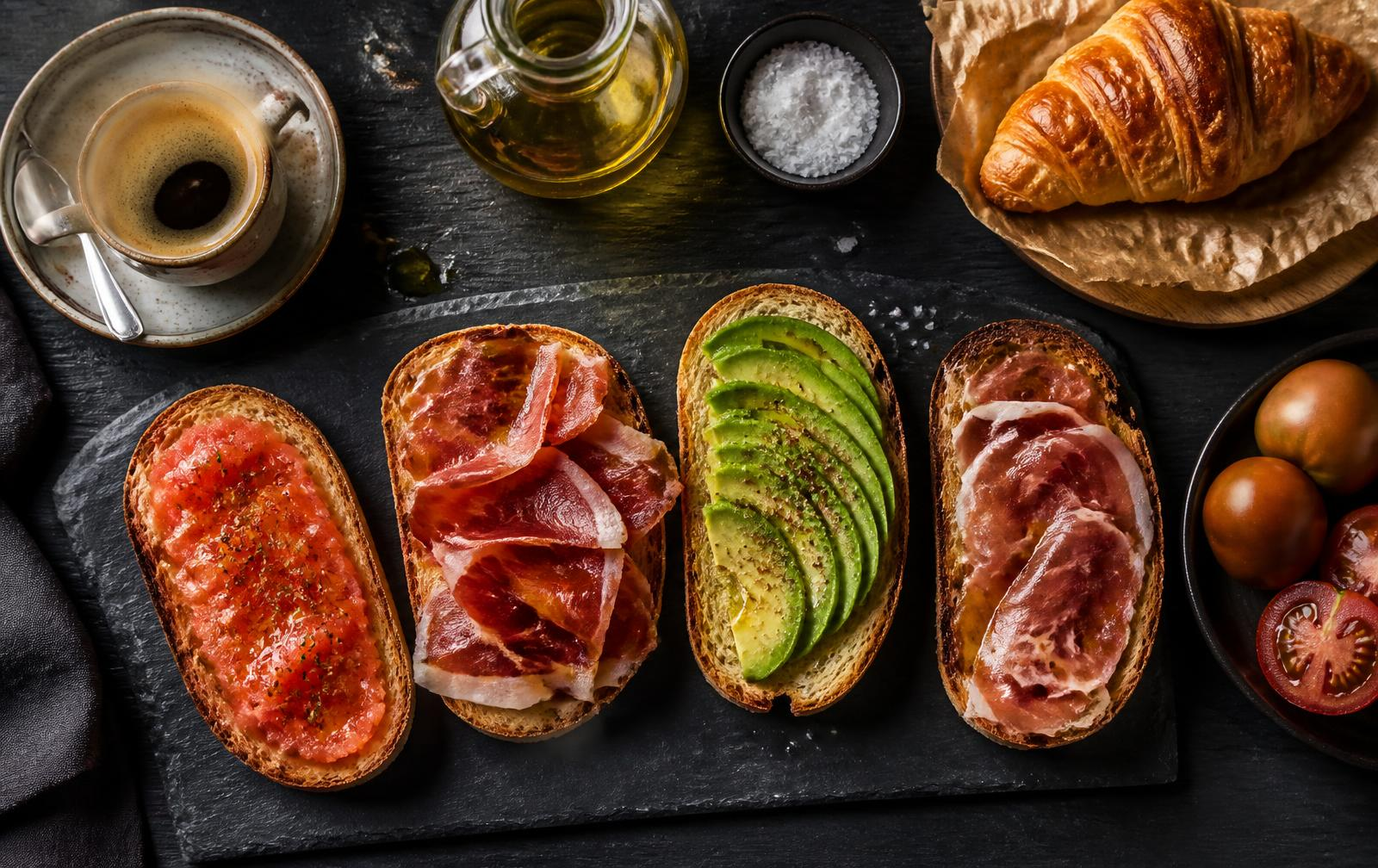 Tostadas variadas con tomate, aguacate y jamón, acompañadas de café