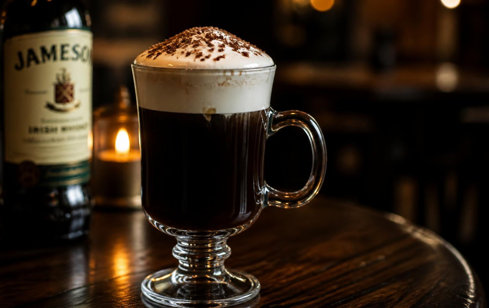Café irlandés servido en vaso con nata y un toque de chocolate rallado